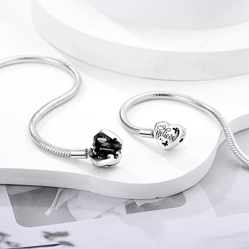 925 Sterling Silver Charm Bracelet - Leaf, Clover, Butterfly & Heart Design | 17-20cm Adjustable