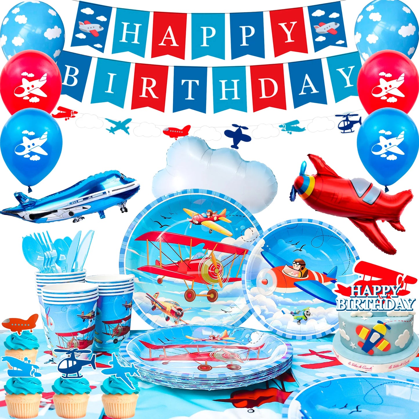 Airplane Birthday Party Decorations,167pcs decorations&Airplane Party Tableware set-Airplane Plates Napkins Cups TableCloth etc