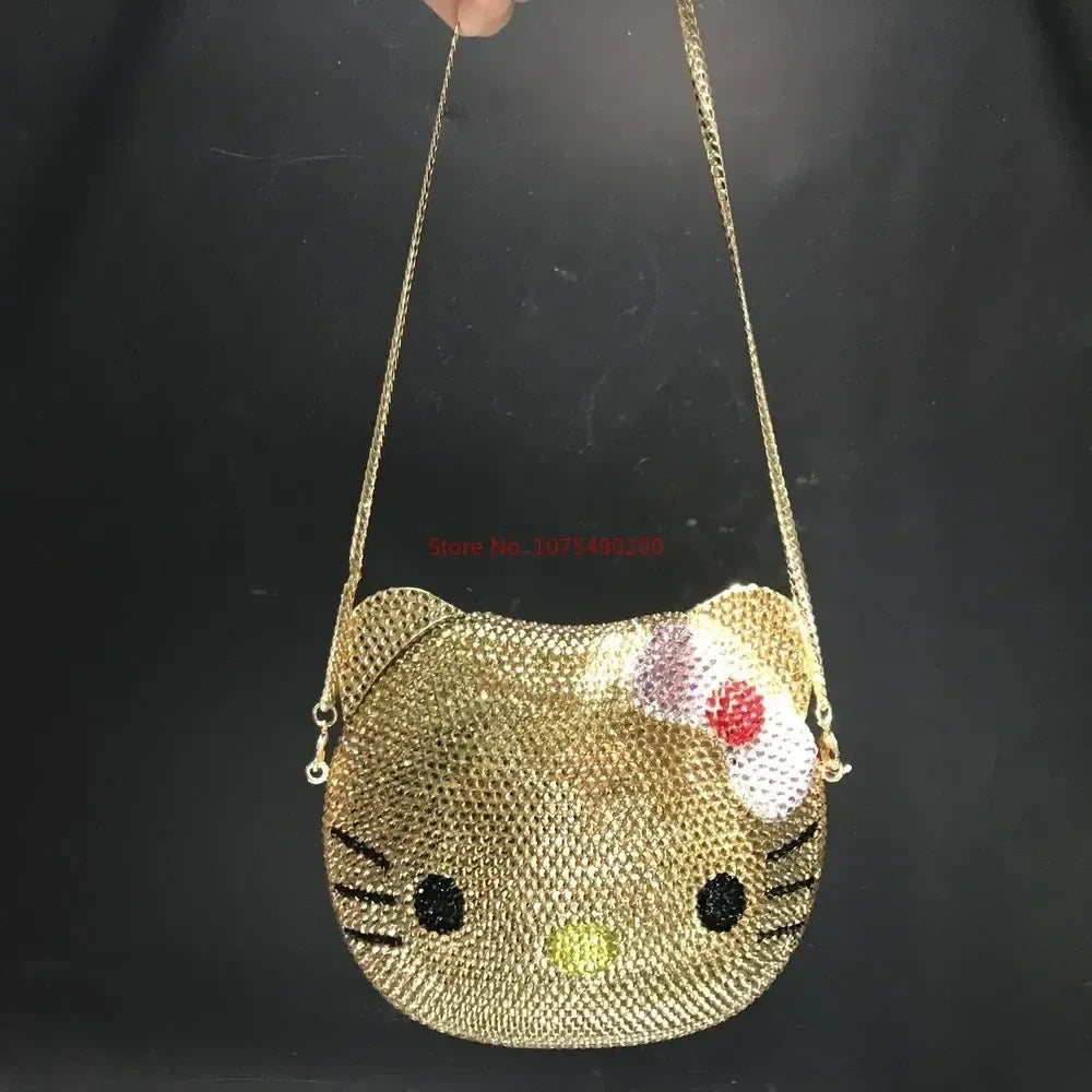 Hello Kitty Anime Cartoon Shape Rhinestone Cartoon Full Of Diamonds Dinner Bag Handmade Diamond-set Lady's Clutch Christmas Gift