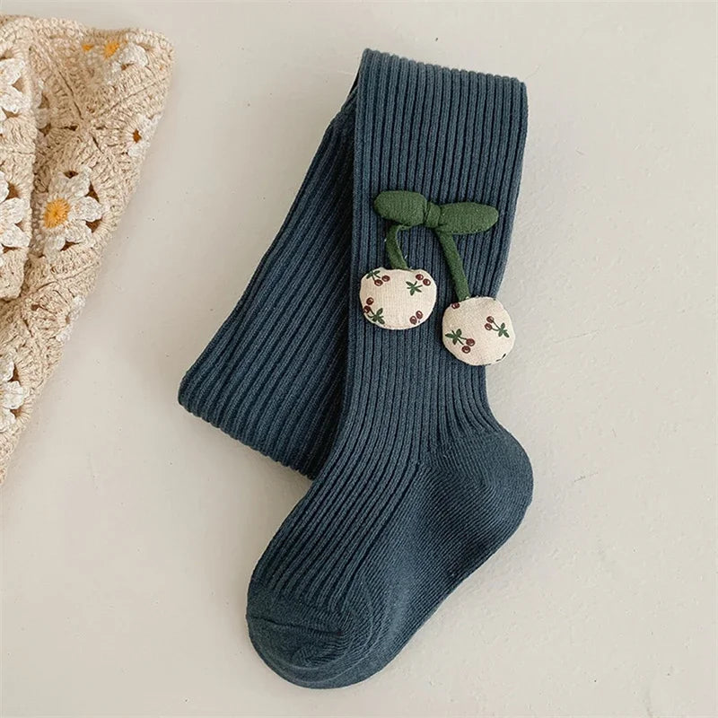 Girls Cotton Tights with Cherry Pattern - Soft Pantyhose for Kids Ages 2-10 Years