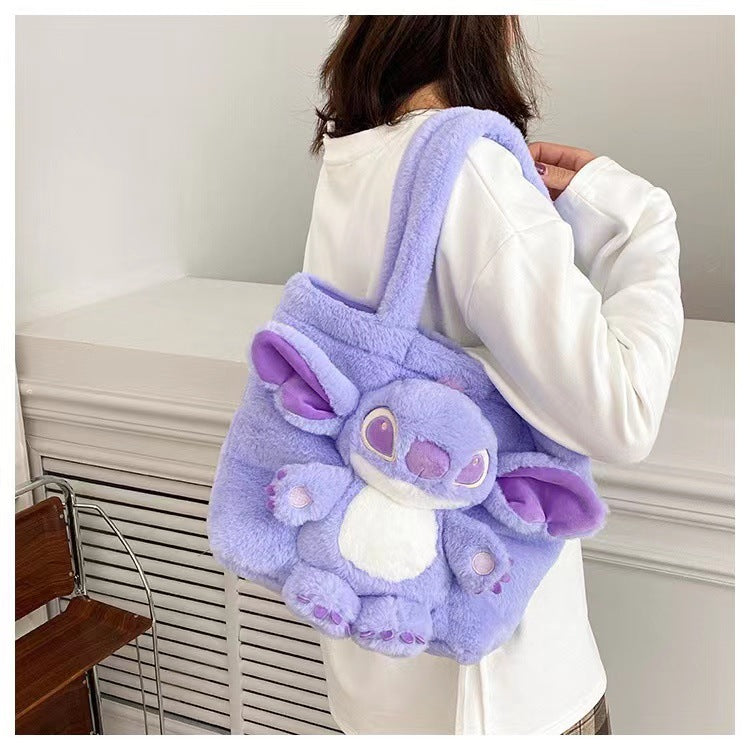 Disney 2025 New Cartoon Plush Doll Shoulder Bag Sweet and Cute Stitch Strawberry Bear Soft Cute Girls Handbag