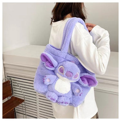 Disney 2025 New Cartoon Plush Doll Shoulder Bag Sweet and Cute Stitch Strawberry Bear Soft Cute Girls Handbag