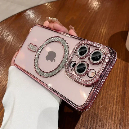 New Fashion Glitter Diamond Transparent Case For iPhone 16 15 14 13 17 12 Pro Max 16 Plus Magnetic Wireless Charge Bumper Cover