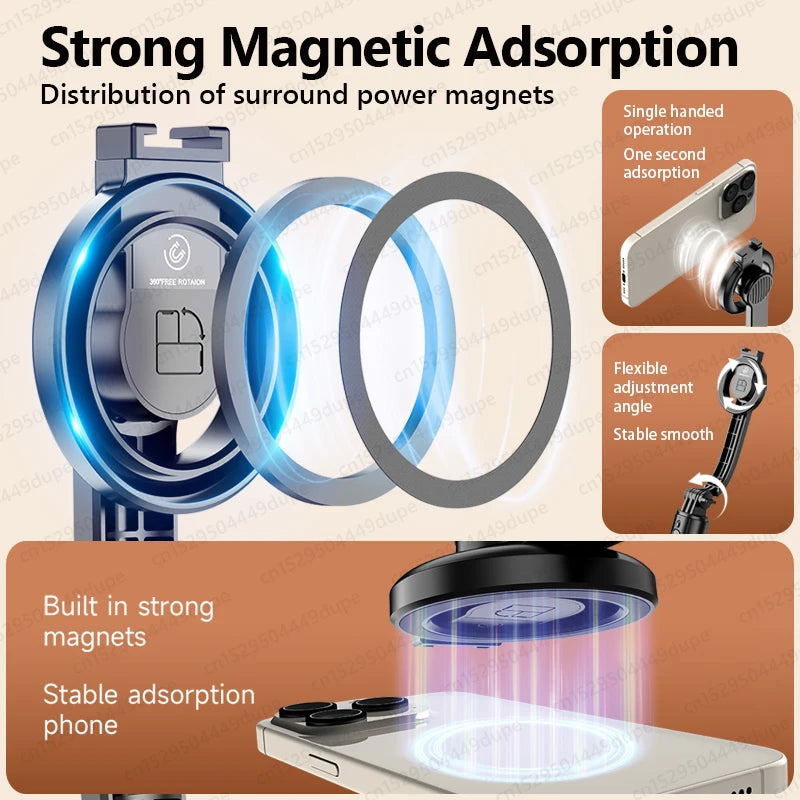 Magnetic Selfie Stick Tripod with Bluetooth Remote Magsafe Cellphone Stand for iPhone 14 13 12 Pro Max Vertical Shooting