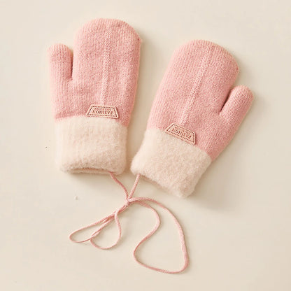 Anti Cold Warm Ski Gloves Kids Thicken Velvet Hanging Neck Mittens 1-4year Boy Girl Plush Hand Covers Children Woolen Knit Glove
