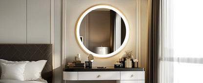 Bathroom Mirror with LED 60/80cm Round Illuminated Wall Mirror Aluminum Gold Frame Anti-fog 3 Lighting Color Memory Function