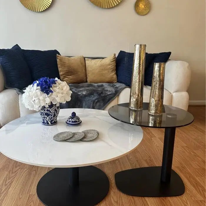 Modern Coffee Table Set, Round Nesting Table, Beech Wood, Sintered Stone and Glass, Set of 2 for Living Room Offoce