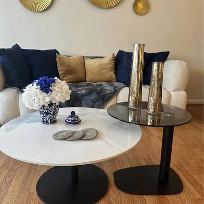 Modern Coffee Table Set, Round Nesting Table, Beech Wood, Sintered Stone and Glass, Set of 2 for Living Room Offoce