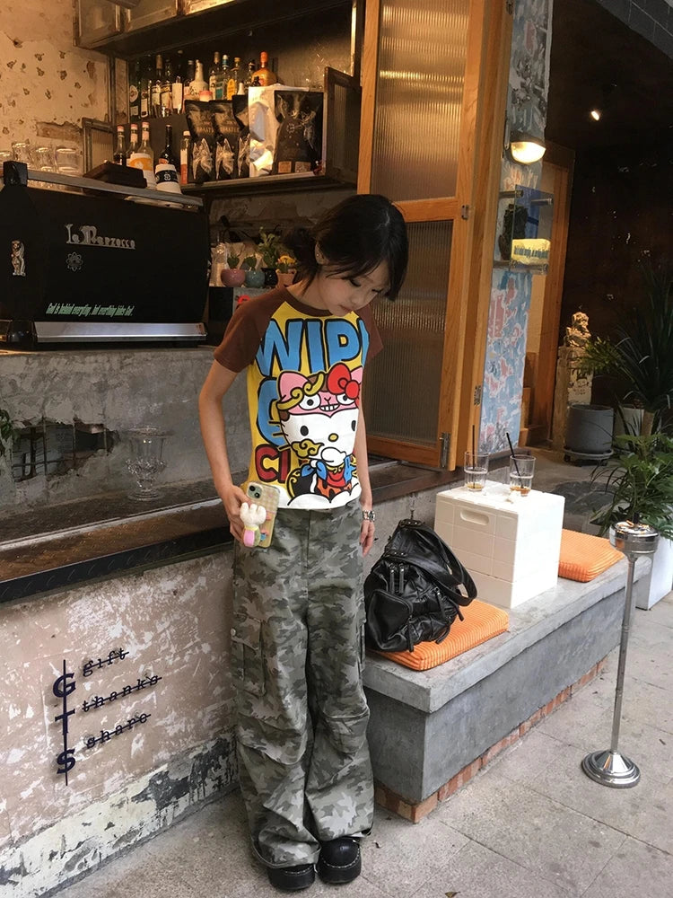 Sanrio Hello Kitty New Anime Fashion Short Tops Y2k Summer Cute Tees Cartoon Printed High Street Gothic Short Sleeve T-shirts