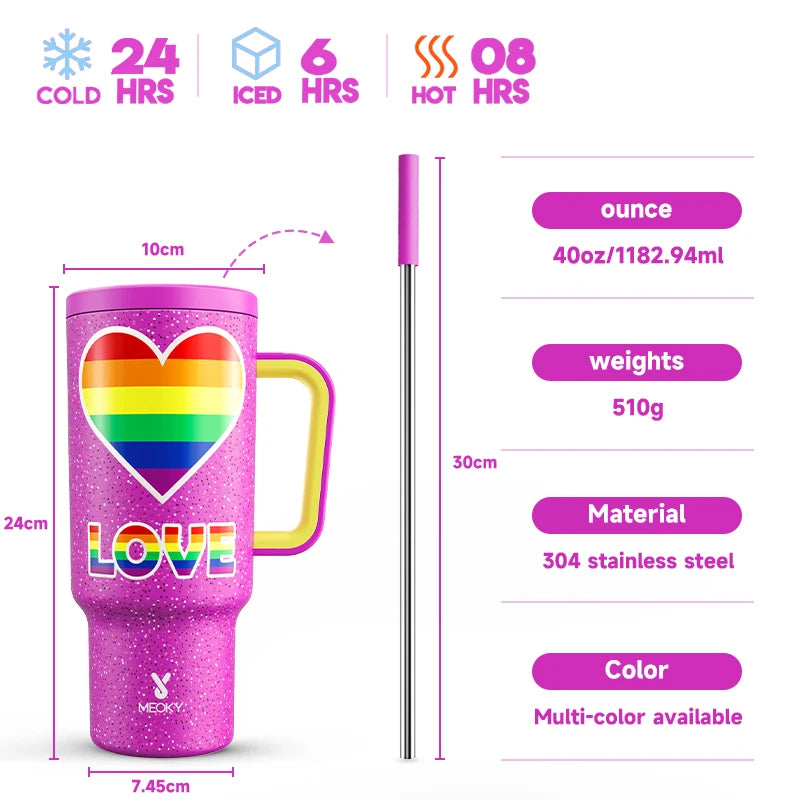 Meoky Cup 40oz Large Tumbler Straw Cup with Lid leak-proof Sainless Steel Vacuum Insulated Car Mug Water Bottle Pride Month