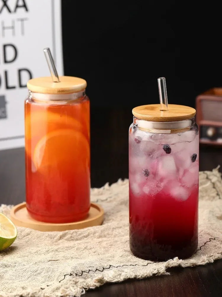 Glass Straw Cup with Dustproof Wooden Lid Heat-resisting Transparent Glass Bottle Breakfast Cola Milk Drinking Cups Holiday Gift