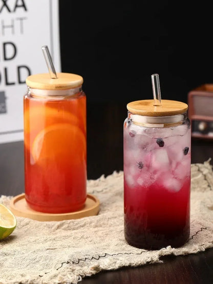 Glass Straw Cup with Dustproof Wooden Lid Heat-resisting Transparent Glass Bottle Breakfast Cola Milk Drinking Cups Holiday Gift