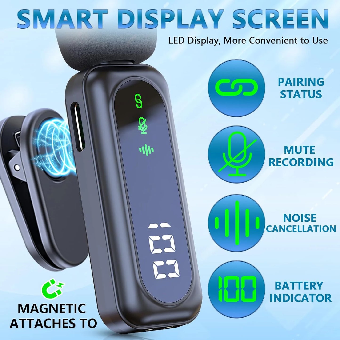 Professional Wireless Lavalier Microphone Plug and Play, with LED Power Display for Content Creators Recording, Live Streaming