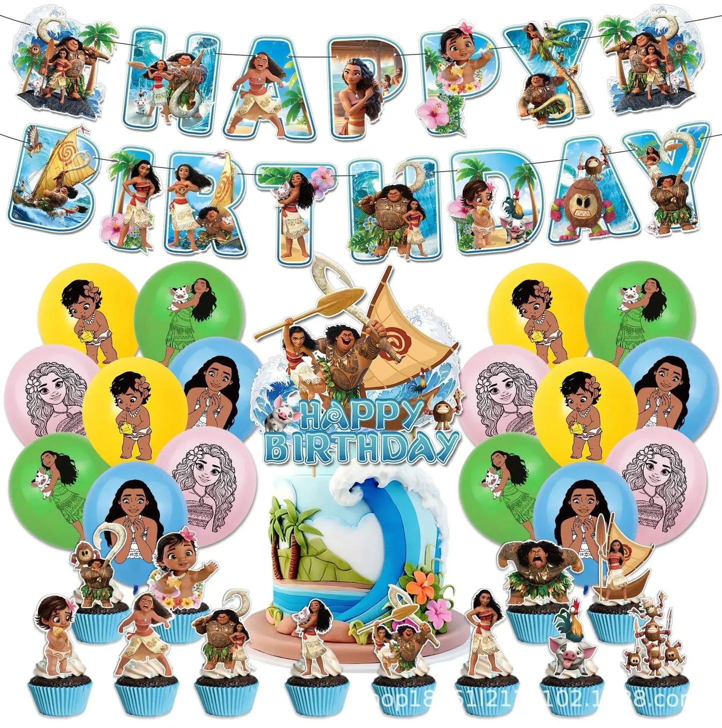 Cute movie Moana series Birthday Party dinnerware Disposable Banner Cake Topper Hanging Flag Moana Balloons Birthday Decoration