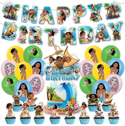 Cute movie Moana series Birthday Party dinnerware Disposable Banner Cake Topper Hanging Flag Moana Balloons Birthday Decoration
