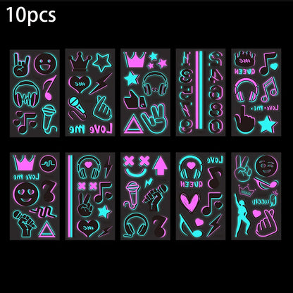 10 Sheet Glow in the Dark Music Temporary Tattoos Stickers with Luminous Neon Pink Blue Music Crown Note Disco party Accessory