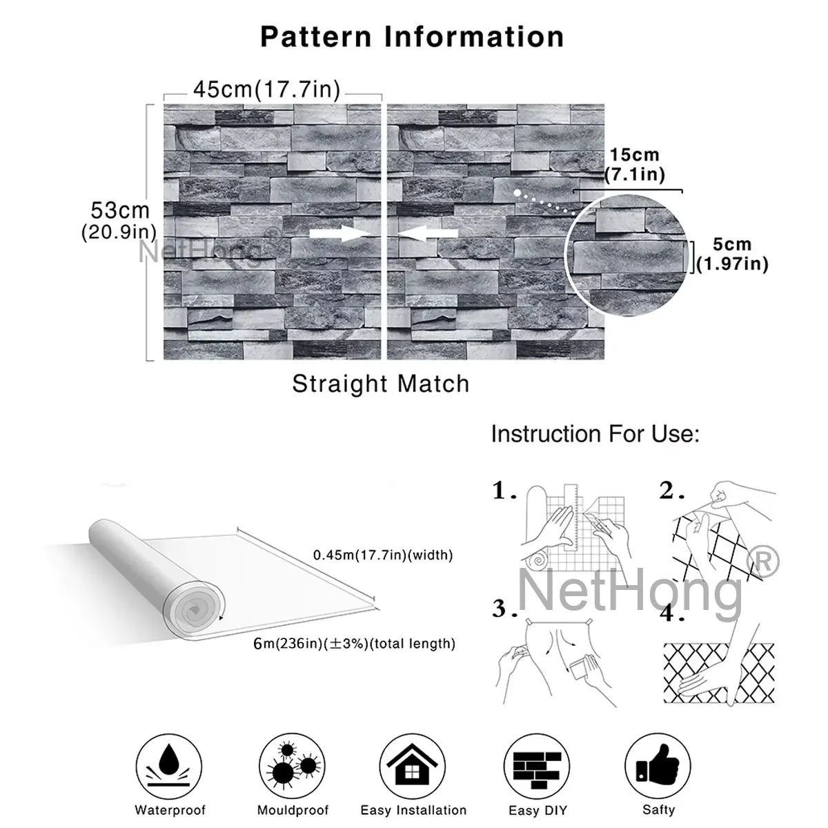 6M 3D Gray Stone Brick Effect Wallpaper Vinyl Self Adhesive Wall Stickers