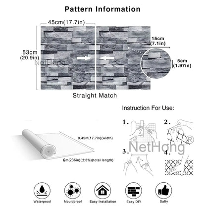 6M 3D Gray Stone Brick Effect Wallpaper Vinyl Self Adhesive Wall Stickers