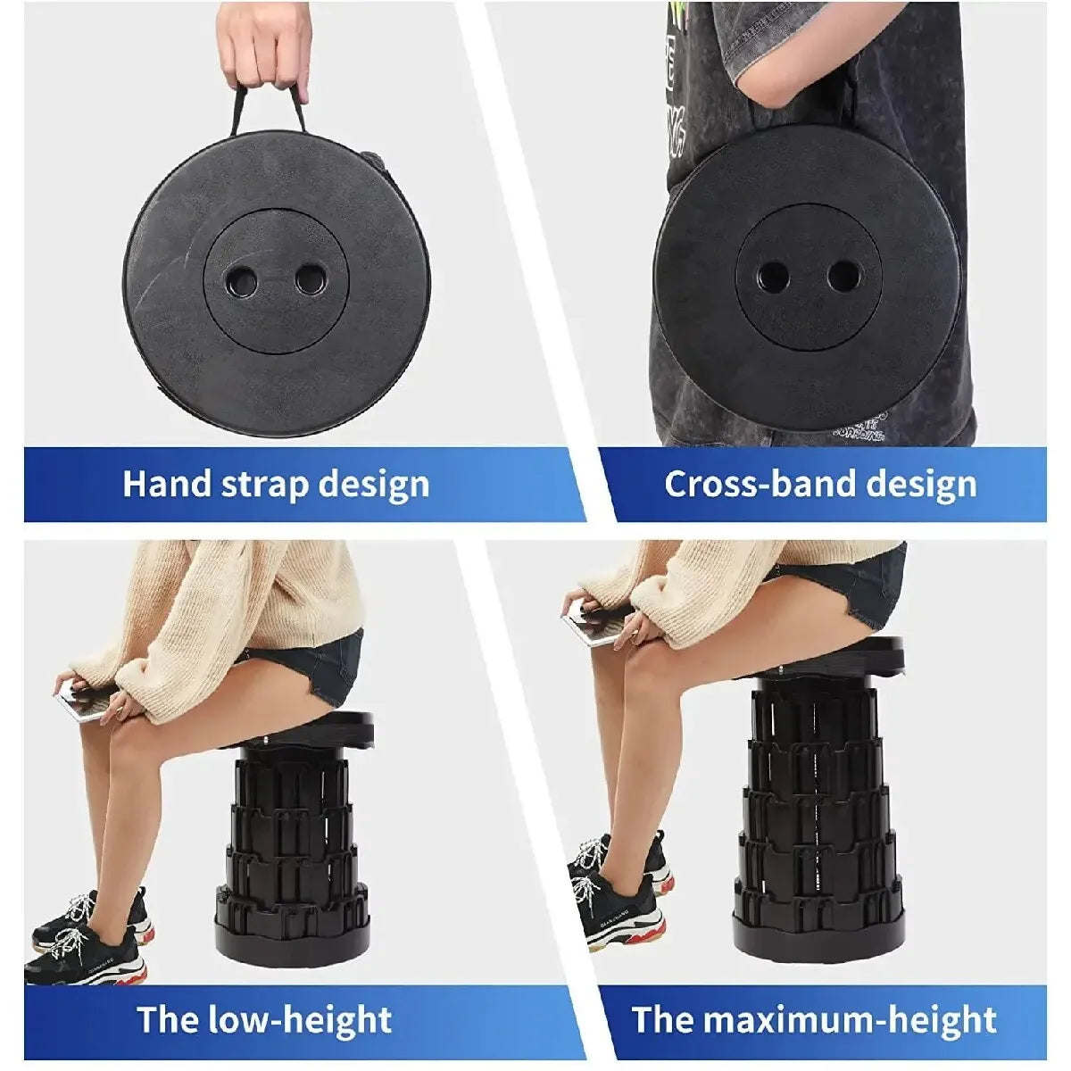 Portable Outdoor Folding Stool, Adjustable Telescoping Seat For Camping Stools