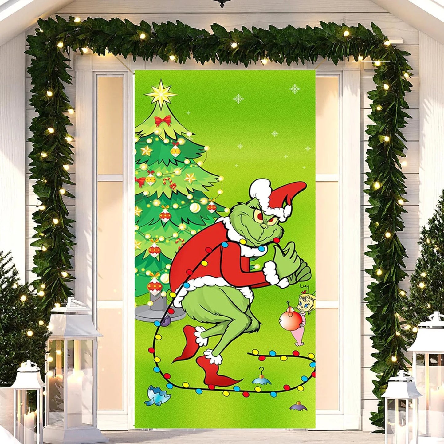 Christmas door banner, Christmas door hanging, Christmas decoration outdoor, Christmas background door hanging (green Grinch)