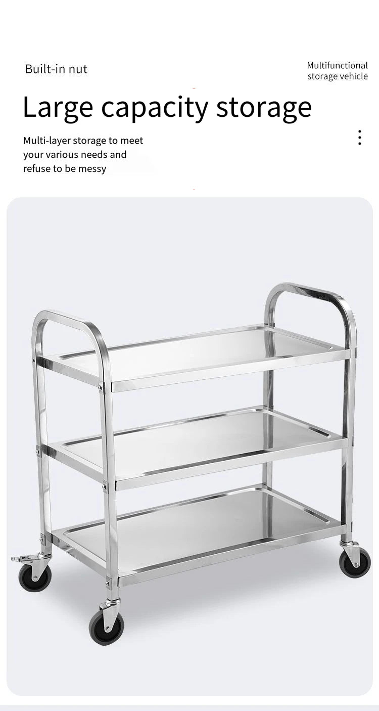 Stainless Steel Cart with Thickened Three Layers- Kitchen Utility Cart for Serving  Collecting Dishes Multi-functional Trolley