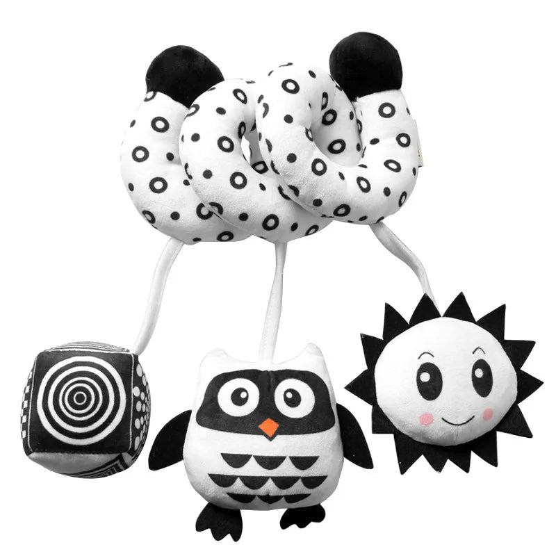 Newborns Spiral Hanging Activity Stroller Toy Baby Carseat Toy Black & White Lion Koala Rattle  for Crib Mobile Sensory Toy Gift