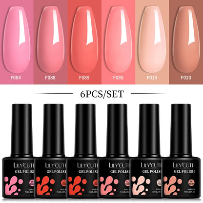 LILYCUTE 6-teiliges Set 7 ml Gel-Nagellack zum Selbermachen, leuchtend pink, semi-permanent, UV-/LED-beständig, Nageldesign-Set