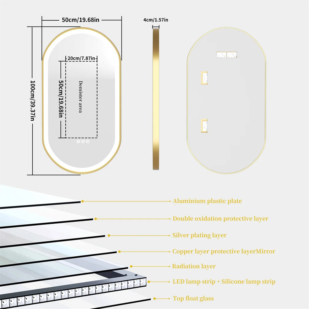 LUVODI Luxury Oval Led Illuminated Bathroom Mirror Gold Aluminum Frame with Demister Pad