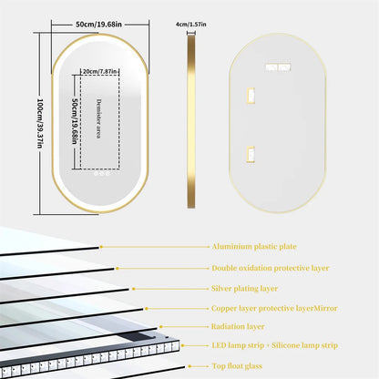 LUVODI Luxury Oval Led Illuminated Bathroom Mirror Gold Aluminum Frame with Demister Pad
