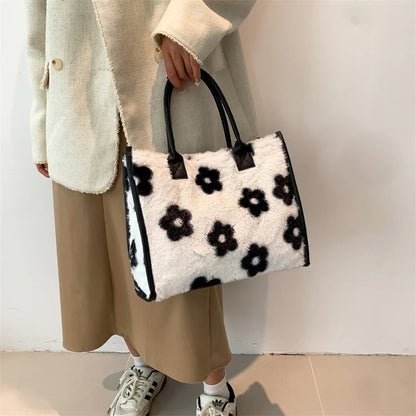 Winter Faux Fur ,Leopard Print Designer Shopper Totes, Fashion Soft Plush Women Shoulder Bags, Large Capacity Handbags and Purse