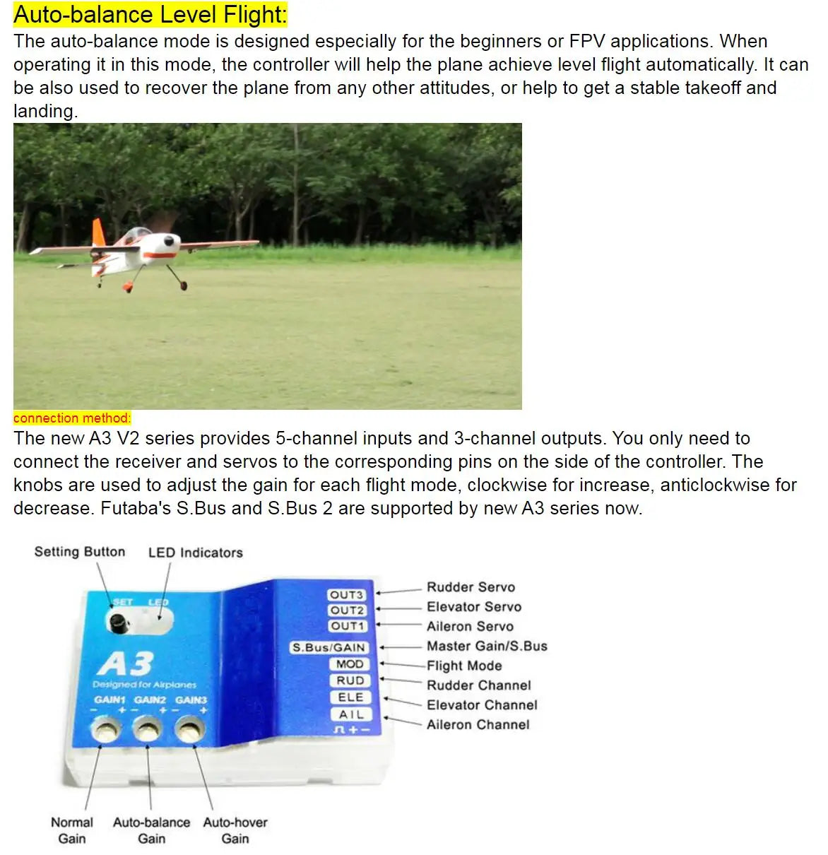 High Quality 3 Axis Gyro A3 V2 Aeroplane Flight Controller Stabilizer for RC Airplane Fixed-wing Fixed wing Copter