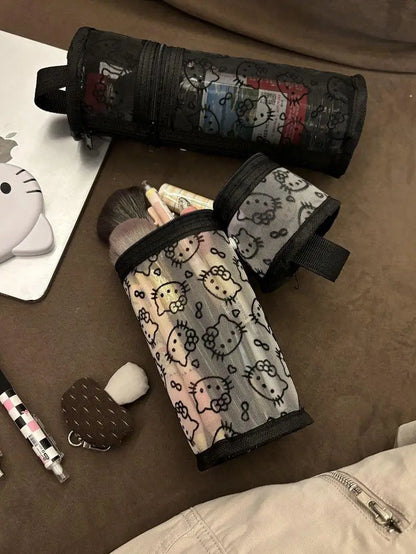 Sanrio Mesh Hello Kitty Black and White Pencil Case Zero Wallet Headphone Bag Girl's Portable Makeup Brush Storage Bag Gift