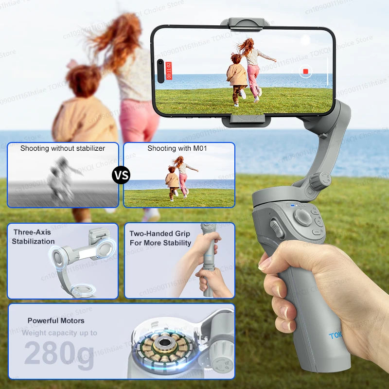 TOKQI M01 3-Axis Anti-Shake Handheld Gimbal Phone Stabilizer Foldable Holder Selfie Tripod with Fill Light for iPhone Smartphone
