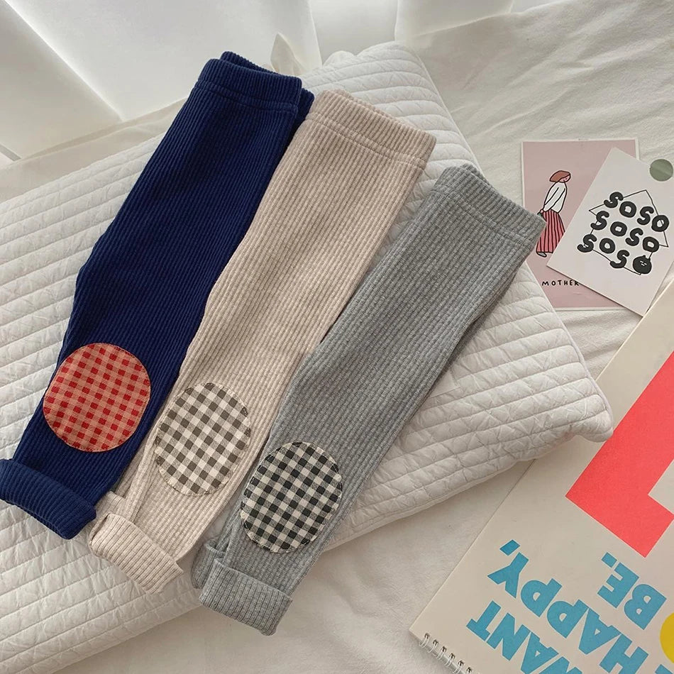 Kids Colorful Plaid Patched Feature Design Cute Warm Long Leggings Suitable Little Baby Trendy and Comfortable Clothing Matching