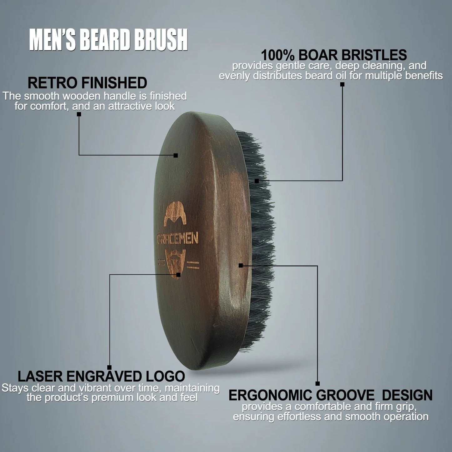 Gracemen Premium Dark Retro Beard Brush Oval Facial Brush for Men - 100 % Boar Bristle and Old-Styled Wooden Handle Hair Comb