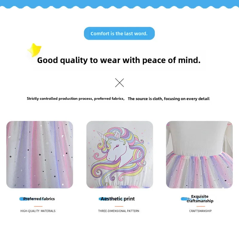 2024 Girls Long Sleeve Unicorn Birthday Dress Casual Children's Wear Rainbow Princess Skirt Sequins Mesh Gown