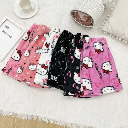Halloween Cartoon Hello Kitty Flannel Pajamas Women's Autumn and Winter Plus Velvet Warm Casual Home Graffiti Pants
