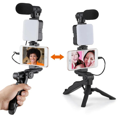Smartphone Vlogging Kit With Tripod Phone Holder Mini Microphone LED Fill Light Starter For Live Stream Video YouTube