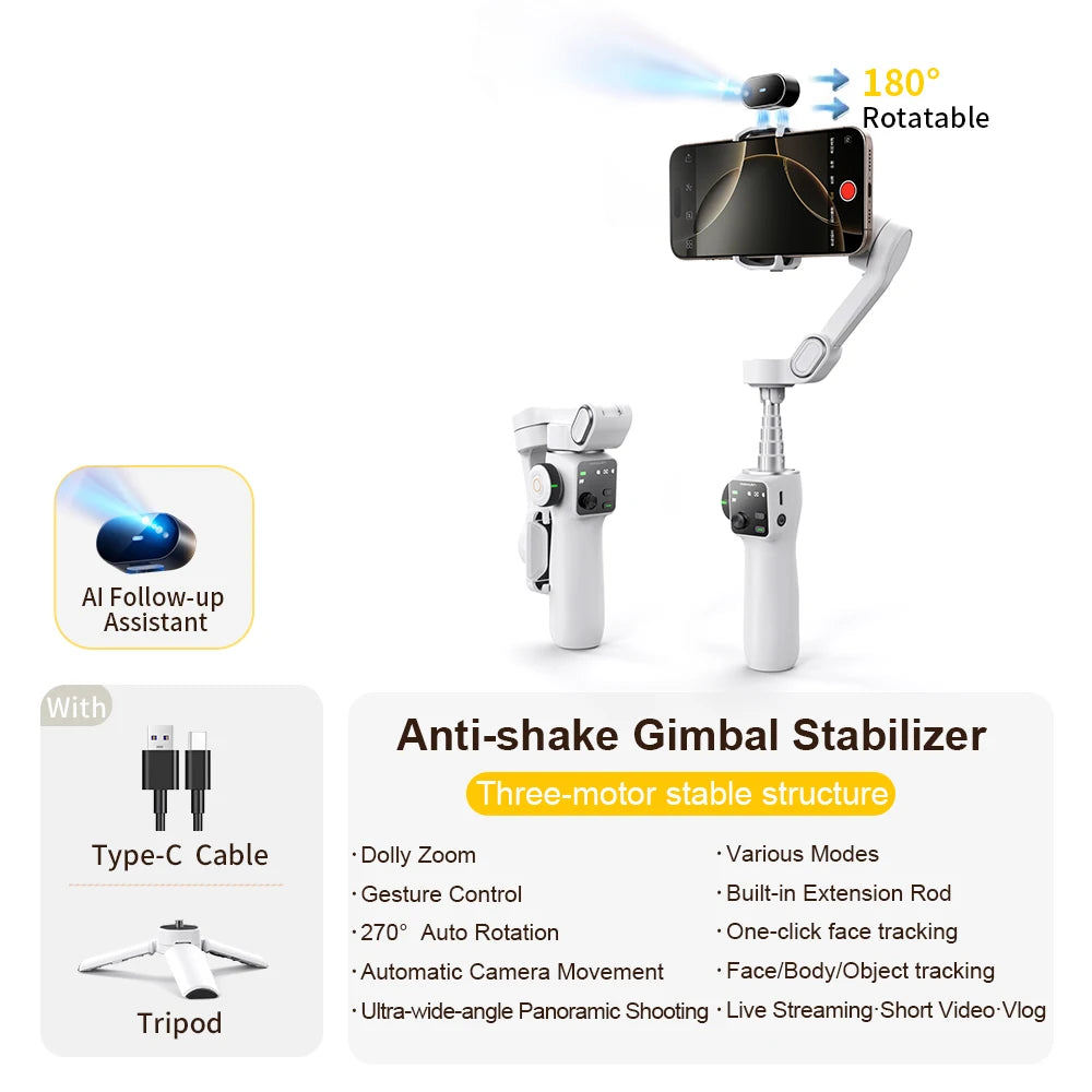 AOCHUAN Handheld Gimbal Stabilizer 3-Axis Smart V8 For Phone with Extension Rod Tripod Face Tracking For iPhone Android TikTok