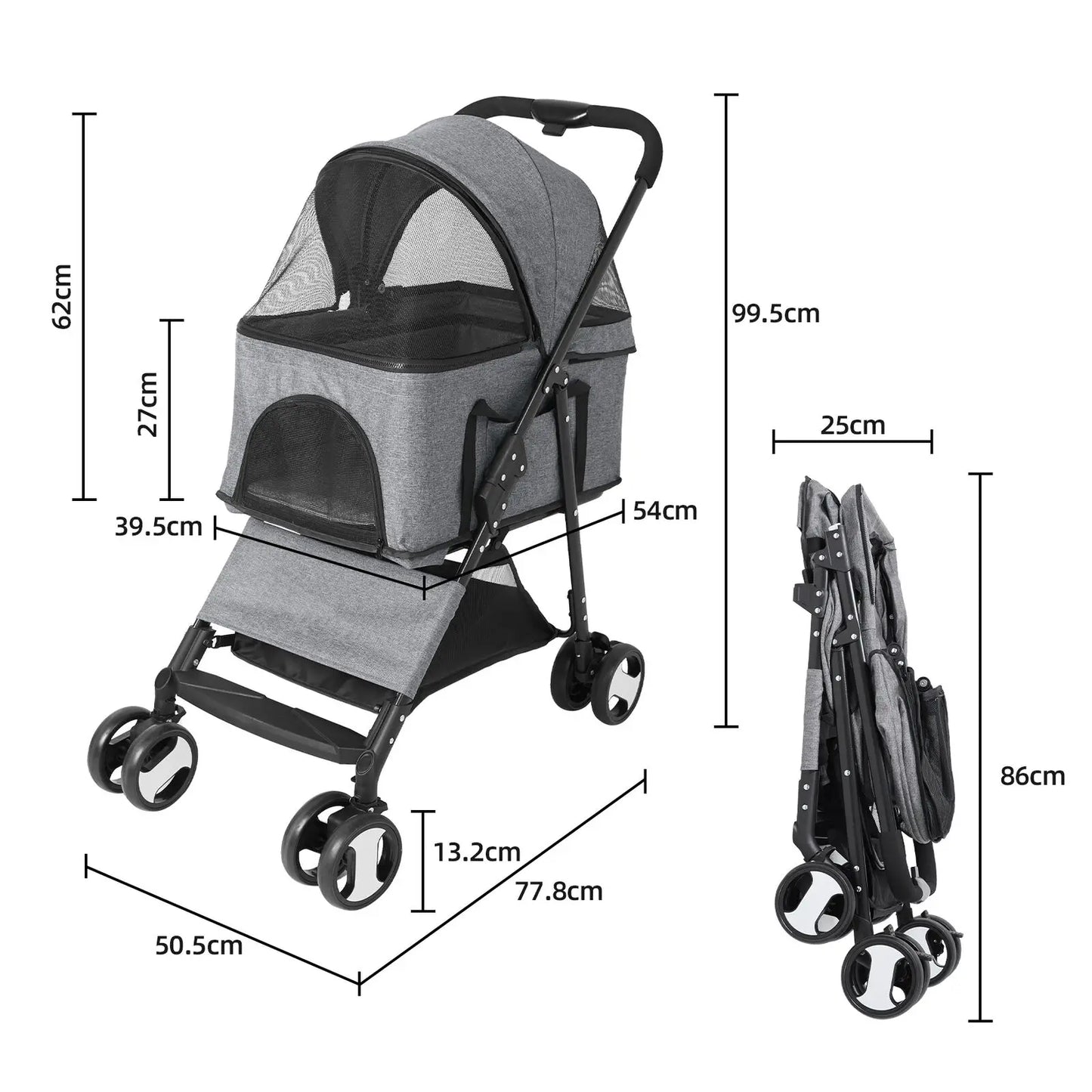 Large 4 Wheel Dog Carrier Trailer, Pram with Mesh Windows, Outdoor Portable Puppy Travel Walk Carrier, Load 30kg