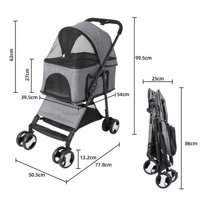 Large 4 Wheel Dog Carrier Trailer, Pram with Mesh Windows, Outdoor Portable Puppy Travel Walk Carrier, Load 30kg