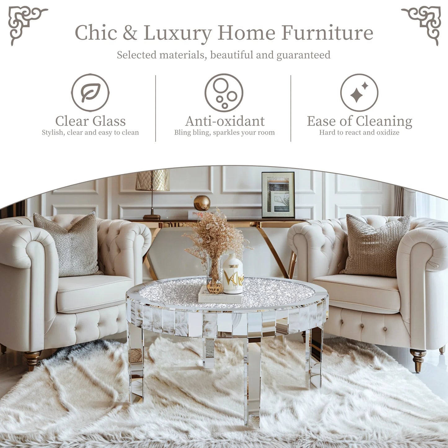 FATIVO Large Round Mirrored Coffee Table Beveled Bling Crushed Diamond End Table