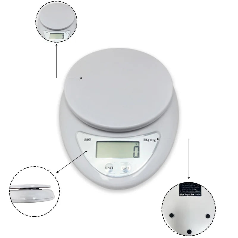 5kg Digital Kitchen Scale - Portable LED Food Weight Scale with 1g Precision for Baking & Cooking