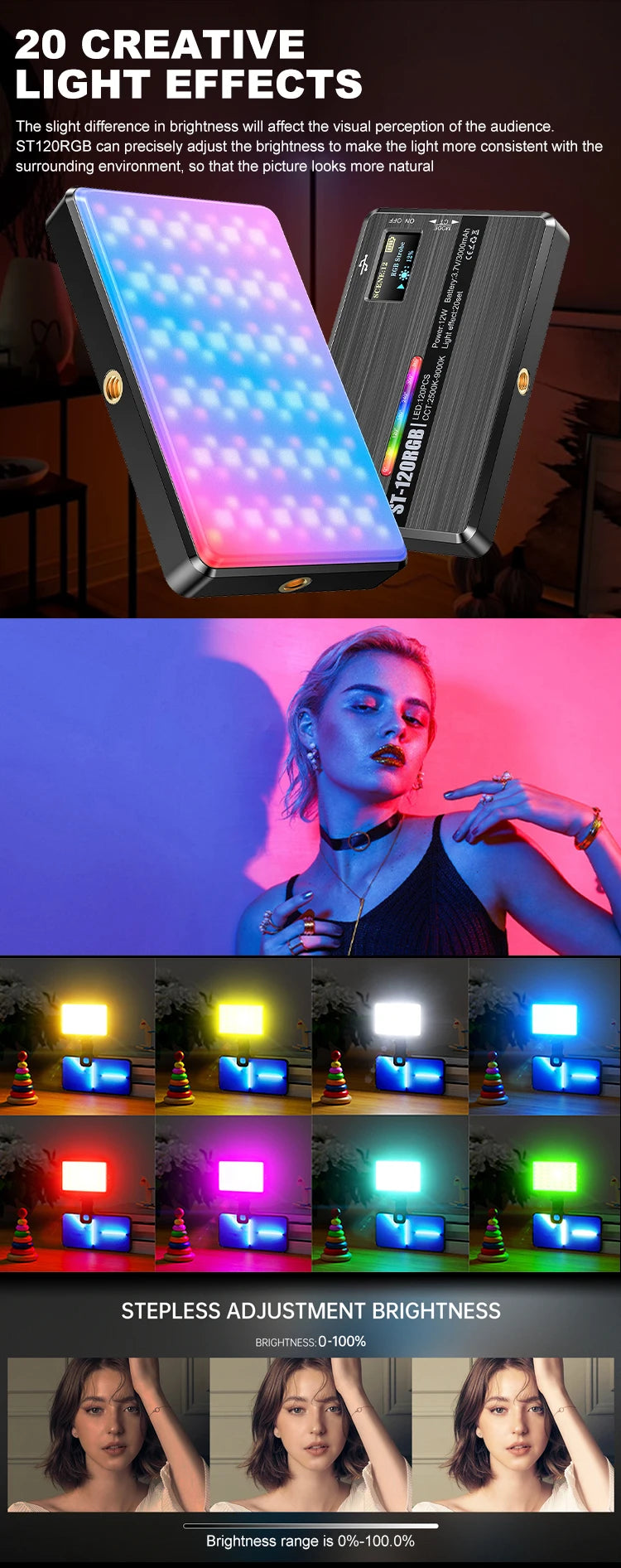 ST120 RGB Full Color Video Light 2500-9000K Fill Light for Camera Smartphone Photography Video Live Streaming Tiktok YT