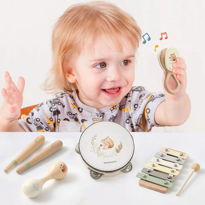 Music Toys Baby Wooden Montessori Toys Children Music Instrument Squirrel Maracas Drum Xylophone Early Education Sensor Toys Set