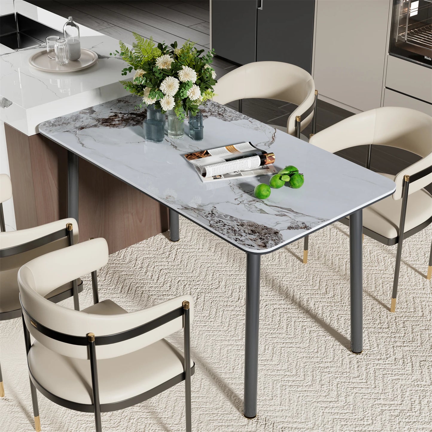 Ink Texture Sintered Stone & Glass Top Kitchen Dining Table No Chairs Rectangle Slate Dinner Table for Restaurant Cafe 1.4/1.6M