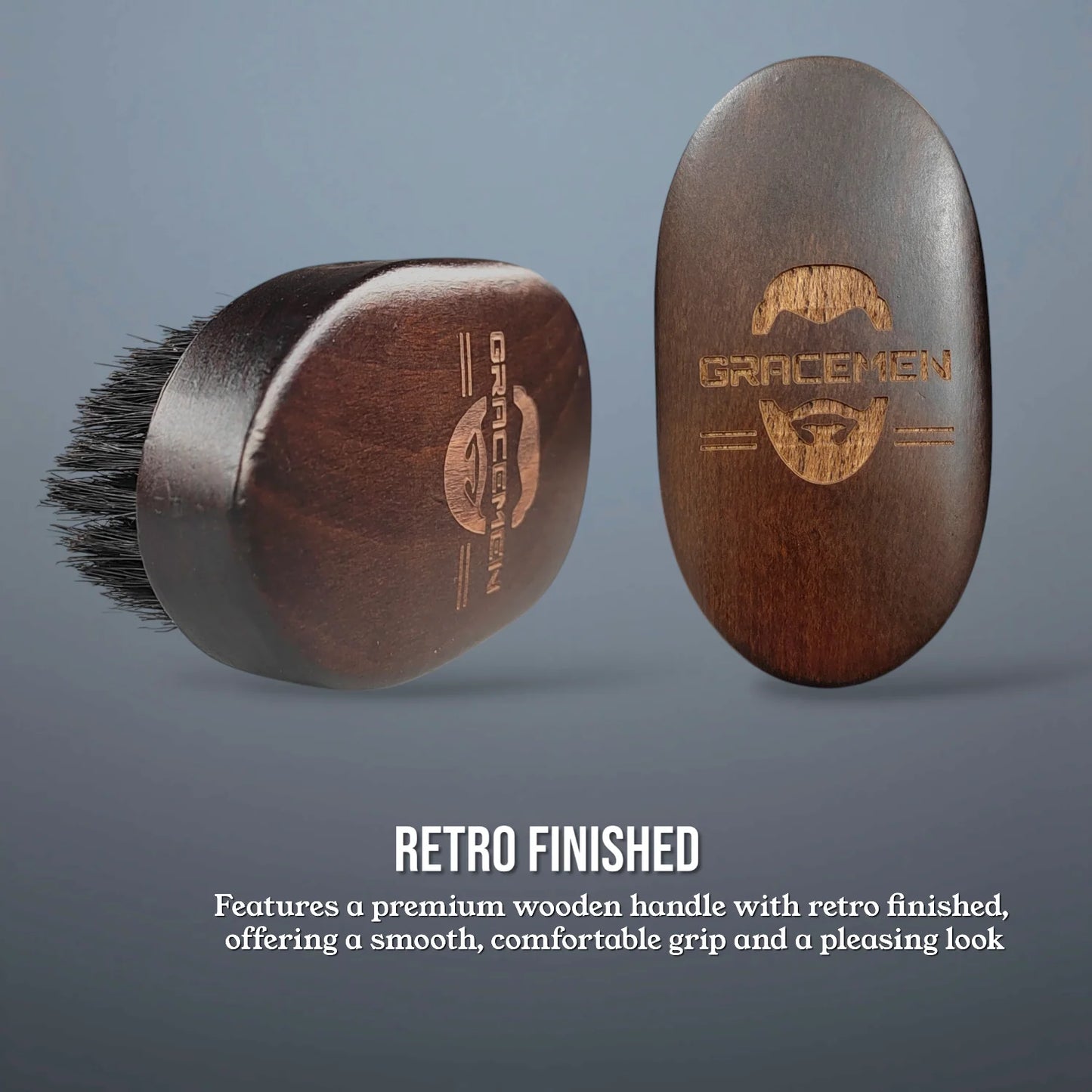 Gracemen Premium Dark Retro Beard Brush Oval Facial Brush for Men - 100 % Boar Bristle and Old-Styled Wooden Handle Hair Comb