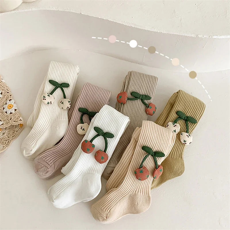 Girls Cotton Tights with Cherry Pattern - Soft Pantyhose for Kids Ages 2-10 Years