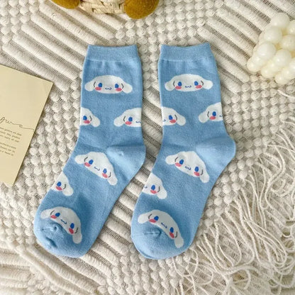 1pair Miniso Cinnamoroll Cartoon socks girl's blue combed cotton mid-tube stockings cute sanrio puppy stockings