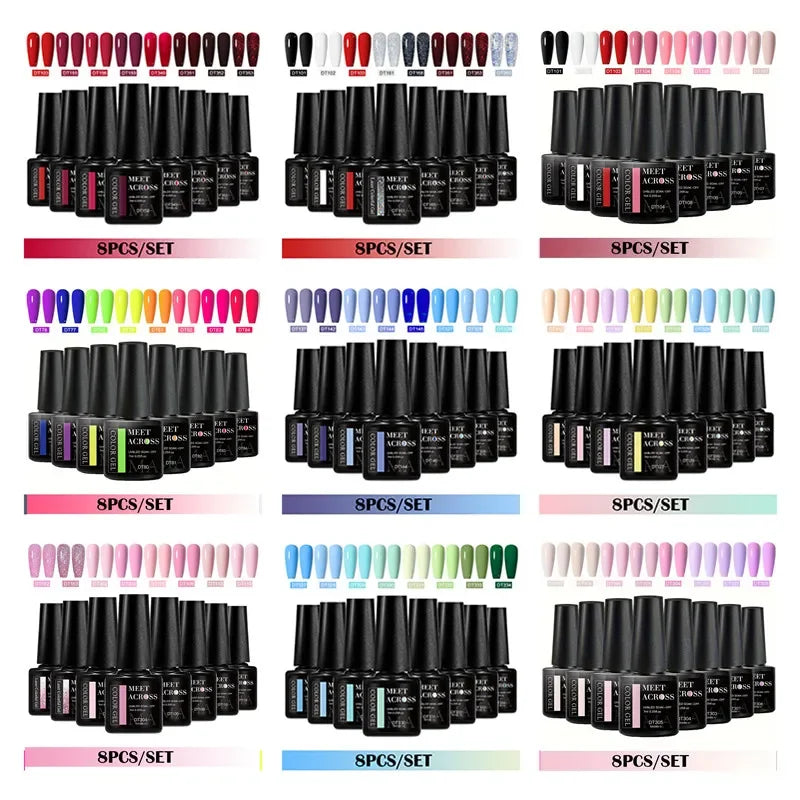 MEET ACROSS 8-teiliges Gel-Nagellack-Set für alle Jahreszeiten, Neon-Marcaron-Grün-Rot-Serie, UV-Gel-Lack-Maniküre-Set, Nagelzubehör